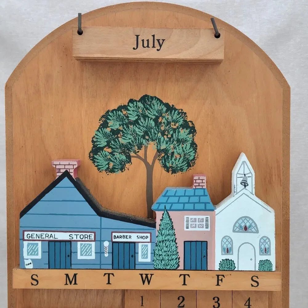Vtg Wood Perpetual Calendar Complete Cottage Grannycore 80s 90s Farmhouse Tiles